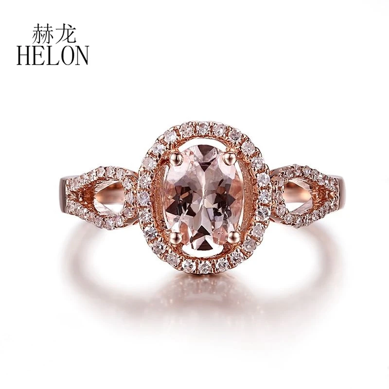 HELON Solid 14K Rose Gold Oval 7x5mm Natural Morganite Diamond Engagement Ring Women Wedding Band Anniversary Bridal Gift