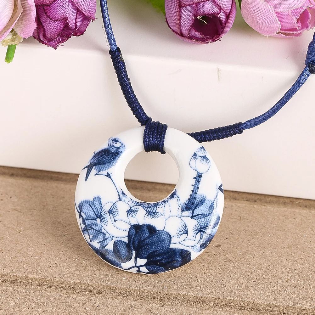 Chinese Ethnic Style Jewellery Round Lotus Ceramic Pendant for Men and Women Handmade Braided Rope Adjustable Jewellery Gift