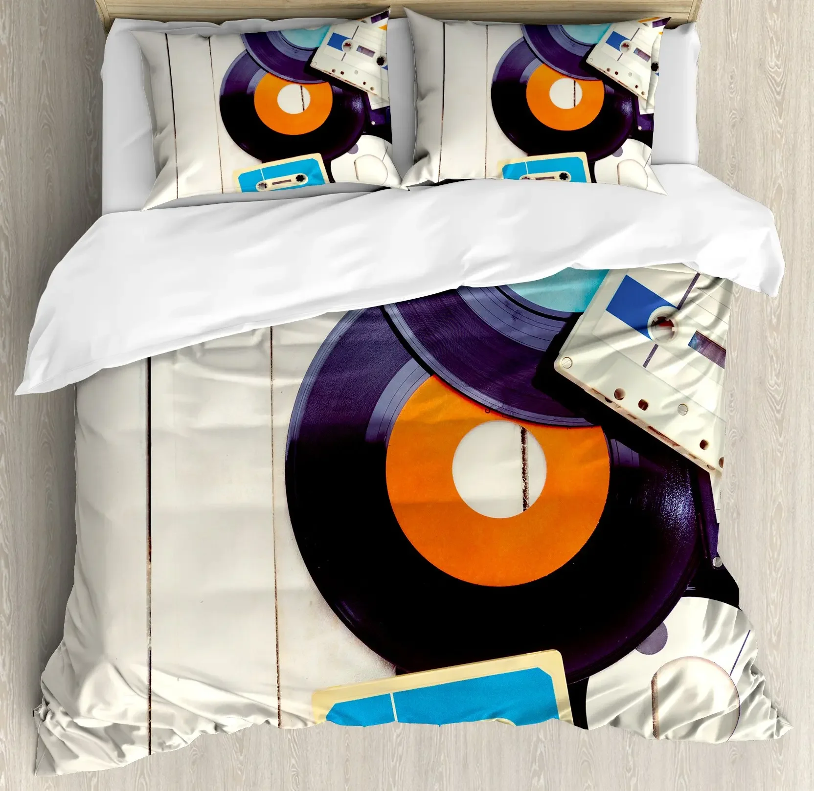 Duvet Cover Gramophone Records and Old Audio Cassettes  Nostalgia Music Bedroom Decorative Bedding Set Blue Orange Black Adults