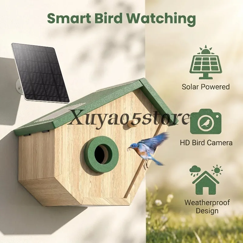 Solar Wooden Bird Nest Bird Nest Smart Bird Watching Outdoor Waterproof Large Capacity Balcony Watching Feeder