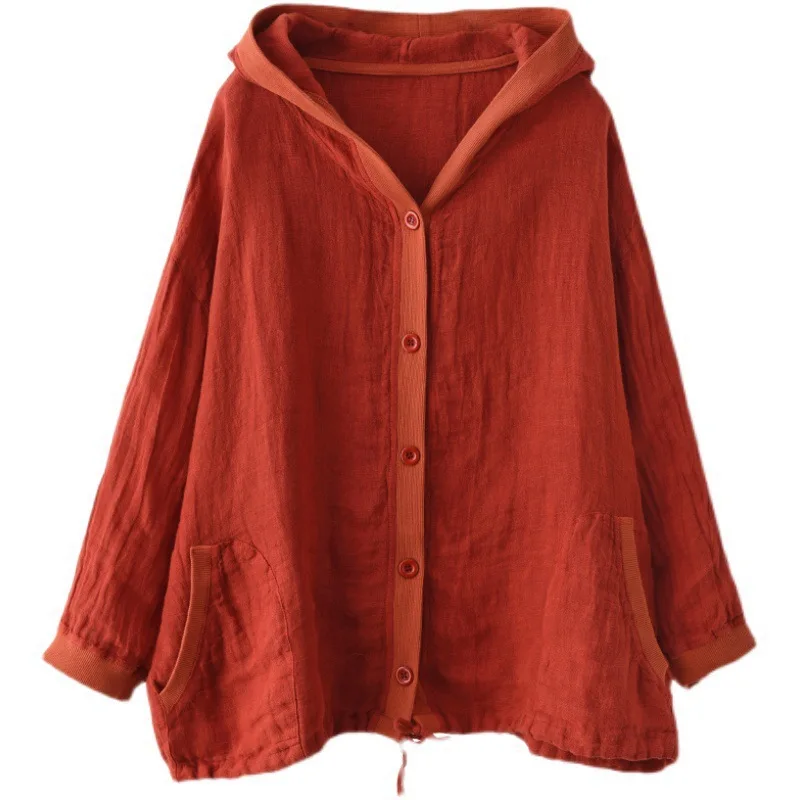 Cotton and Linen Retro Top Women's 2025 Summer and Autumn Loose Hooded Long-sleeved Cardigan