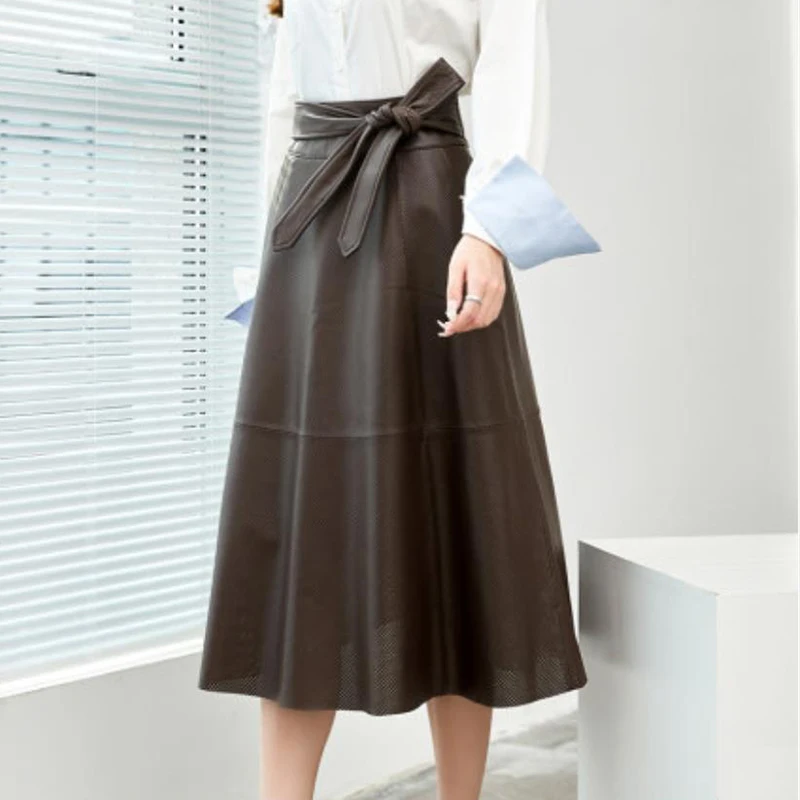 Black Real Leather Eyelet Skirt Autumn Women Harajuku Fashion Sheepskin A-Line High Waist Belt Slim Umbrella Skirts Falda Mujer