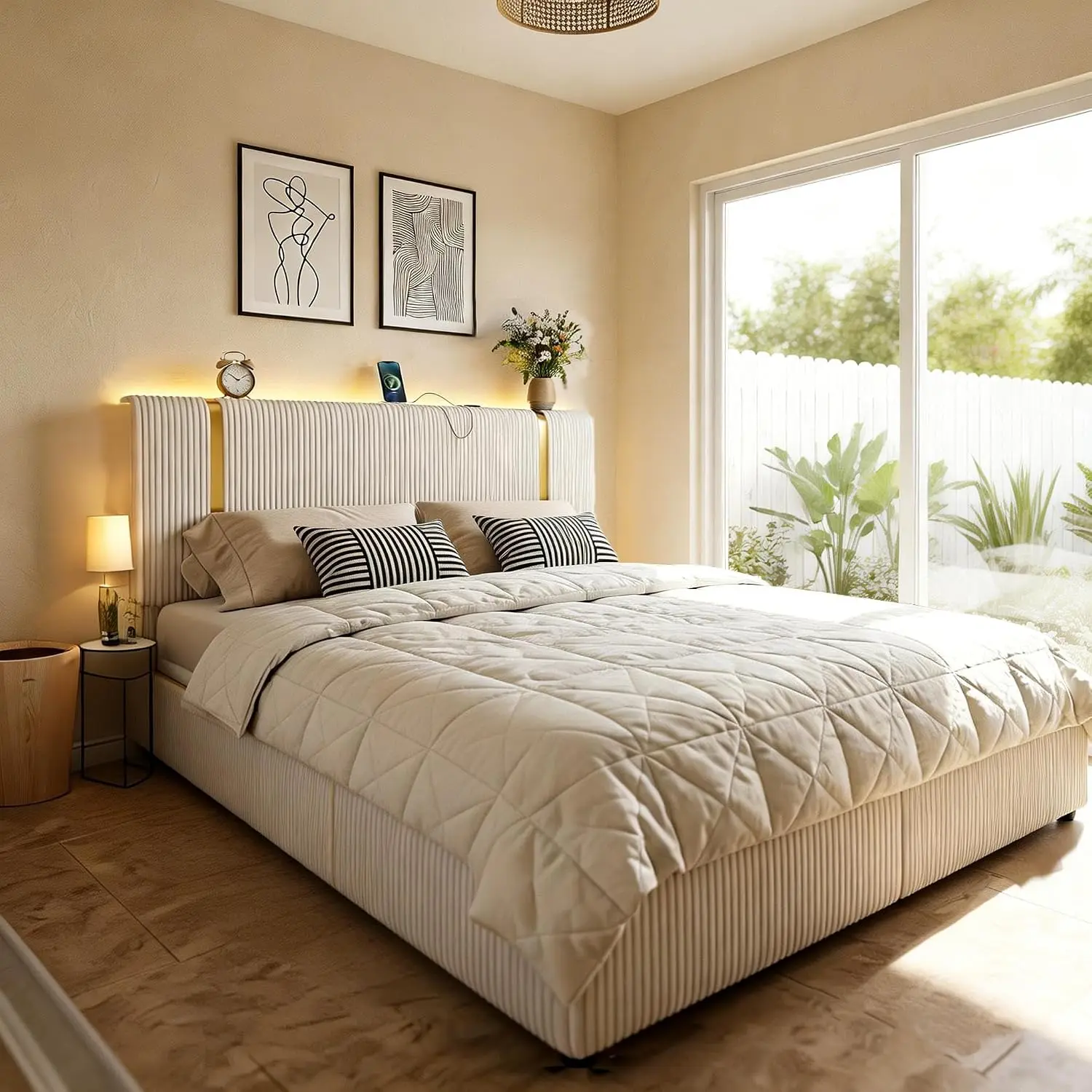 Bed Frame 6 Drawers Adjustable Headboard Beige, Customized image 6