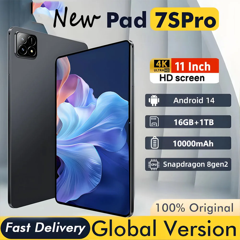 

2025 Pad 7S Pro Планшет 10,1 дюйма Android 14 Global Snapdragon8 Gen3 10 ядер 16 ГБ + 1024 ГБ 10000 мАч 5G Dual SIM WIFI HD Полный экран