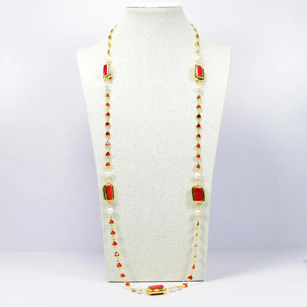 GuaiGuai Jewelry Natural Fashion White Pearl Red Coral Gold Plated Crystal Station Long Necklace 39