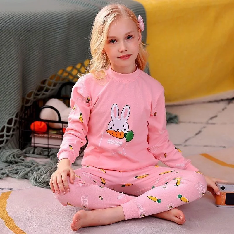 100% Cotton Children's Long Johns Autumn Media Girls' Underwear Set Long Pants Set 2 Packs Long Sleeves Loungewear