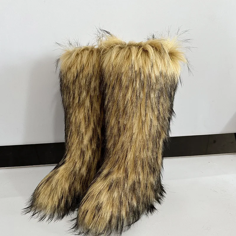 IPPUEM الركبة عالية الفراء المنغولية الأحذية للنساء الشتاء حجم كبير 46 2025 جديد كعب مسطح الثلوج أحذية طويلة أفخم الأحذية