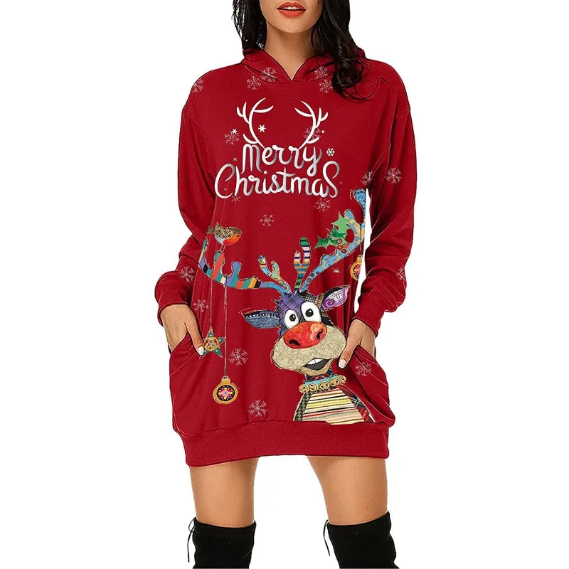 Autumn New European and American Clothing Long-sleeved Sweatshirt Dress Christmas Elk Print Hooded Skirt