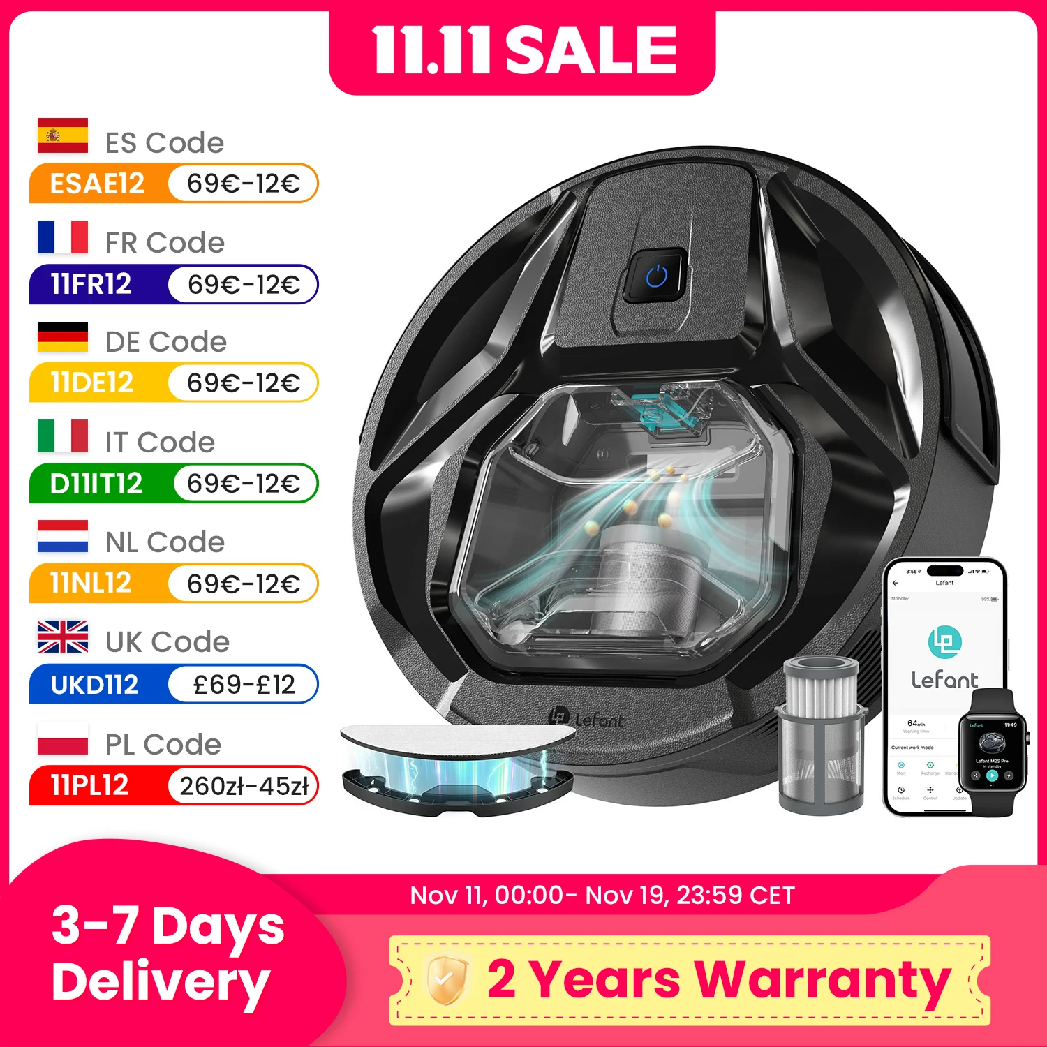 مكنسة كهربائية روبوتية Lefant M320 مع ممسحة، شفط قوي 6000 باسكال، سلة مهملات مرئية، كشف السجاد، التحكم الصوتي Alexa