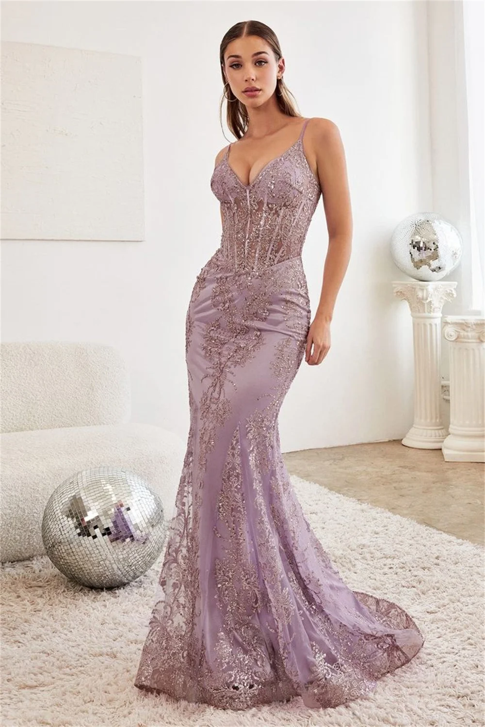 Sansa Sexy Sequins Lace فساتين السهرة Embroidery Fishtail Vestidos De Noche Customized Spaghetti Strap Mermaid Prom Dresses