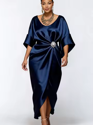 Navy Blue Satin Midi Dress Women Boat Neck Batwing Sleeve Rhinestone Waist Decor Ruched Elegant Evening Party Cocktail Dress