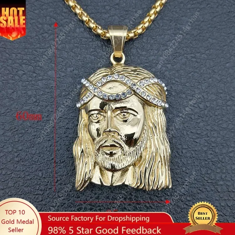 

HIP Hop Gold Color JESUS Piece Head Face Pendants Necklaces with zircon Stainless Steel Chain Collier for Men Christian Jewelry