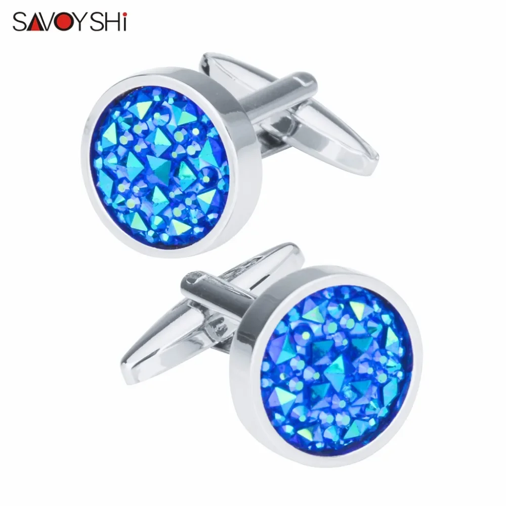 SAVOYSHI Round Blue Crystal Cufflinks For Mens Shirt Accessories High Quality Fashion Brand Cuff Buttons Wedding Gift Jewelry