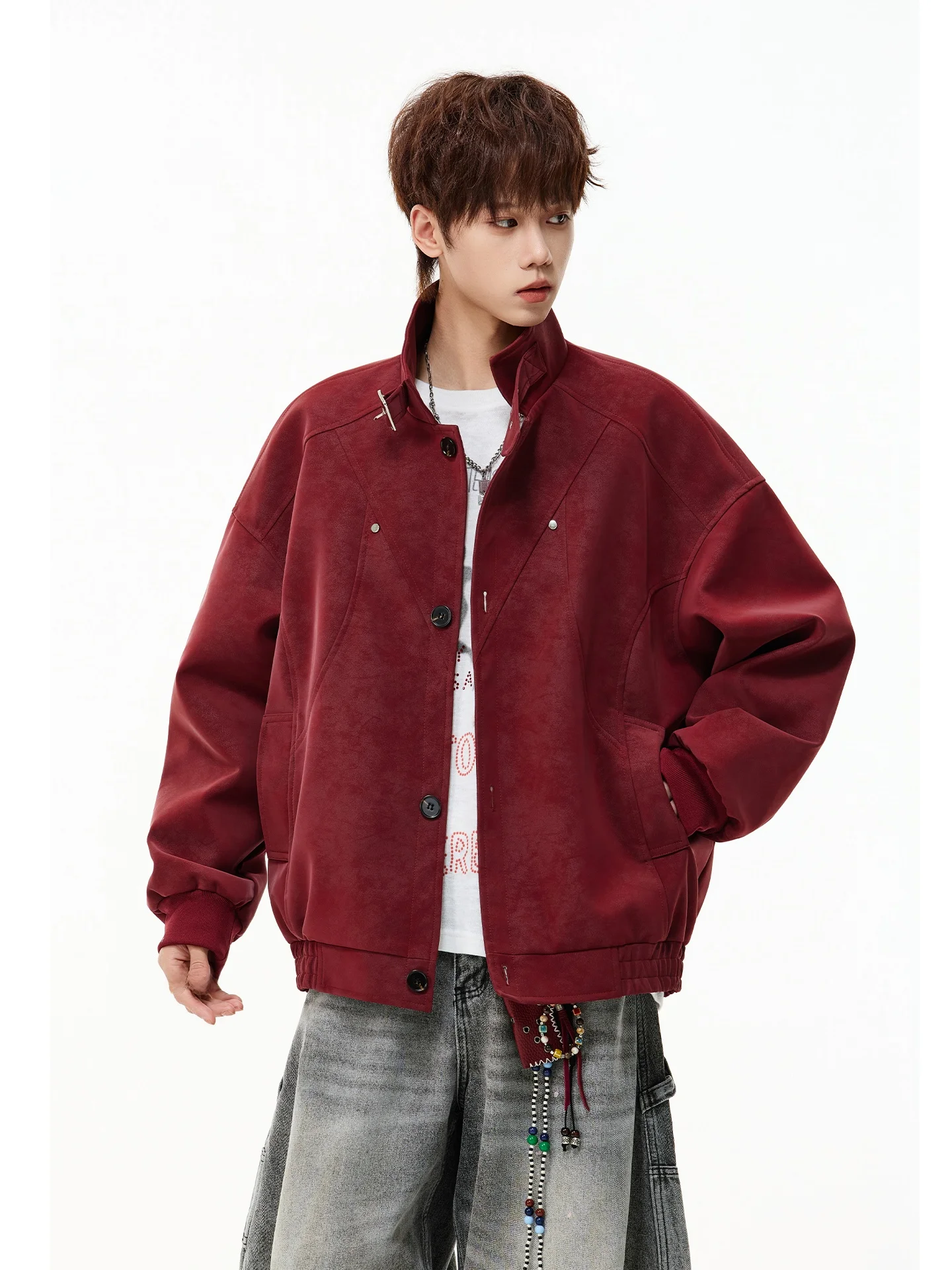 

Men's Unique Stylish Red Jacket Spring 2026 New Year Casual Loose Fit Long Sleeve Windproof PU Leather Coat for Men