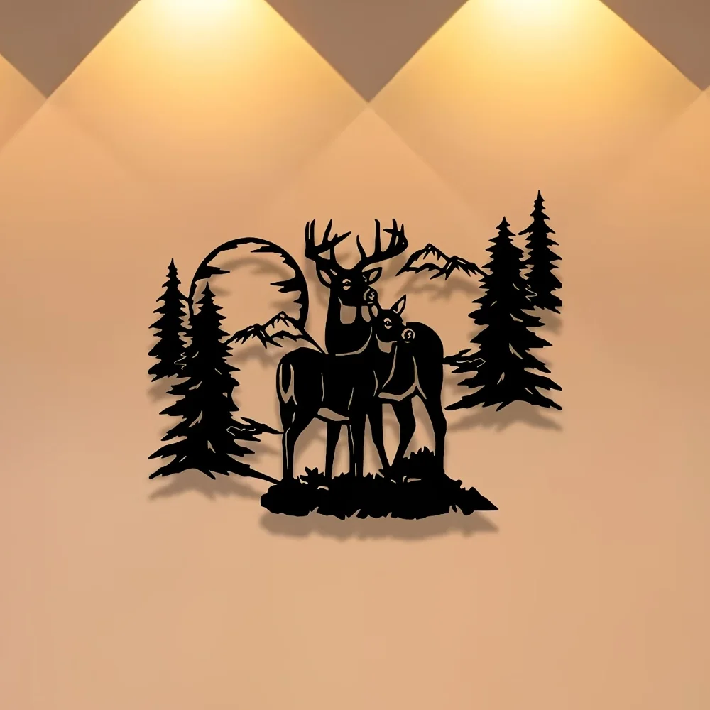 Elegant Christmas Deer Metal Wall Art,2D Flat Laser‑Cut Silhouette,Weather‑Resistant Iron Wall Mural,Living Room Bedroom