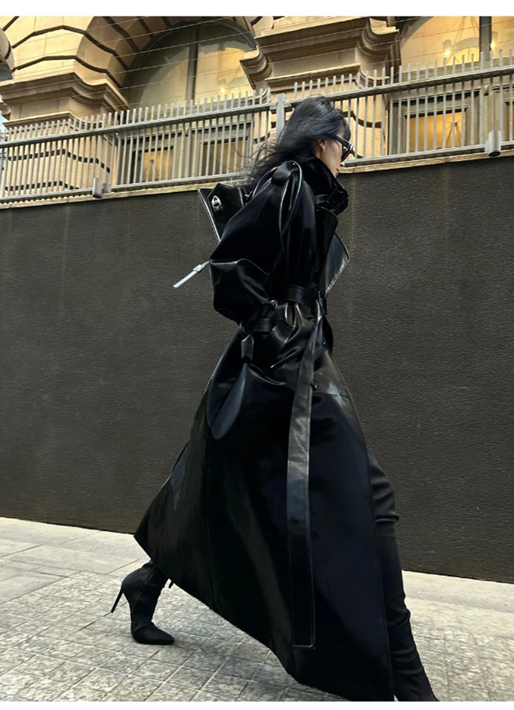 Lautaro Spring Autumn Extra Long Oversized Cool Reflective Shiny Black Patent Leather Trench Coat for Women Belt Runway Fashion