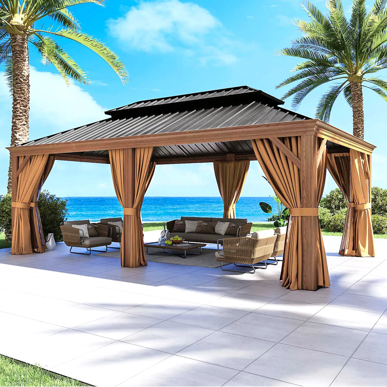 20Ft. W x 12Ft. D Outdoor Cedar Framed Gazebo with Steel Hardtop Permanent Wooden Finished Pavilion