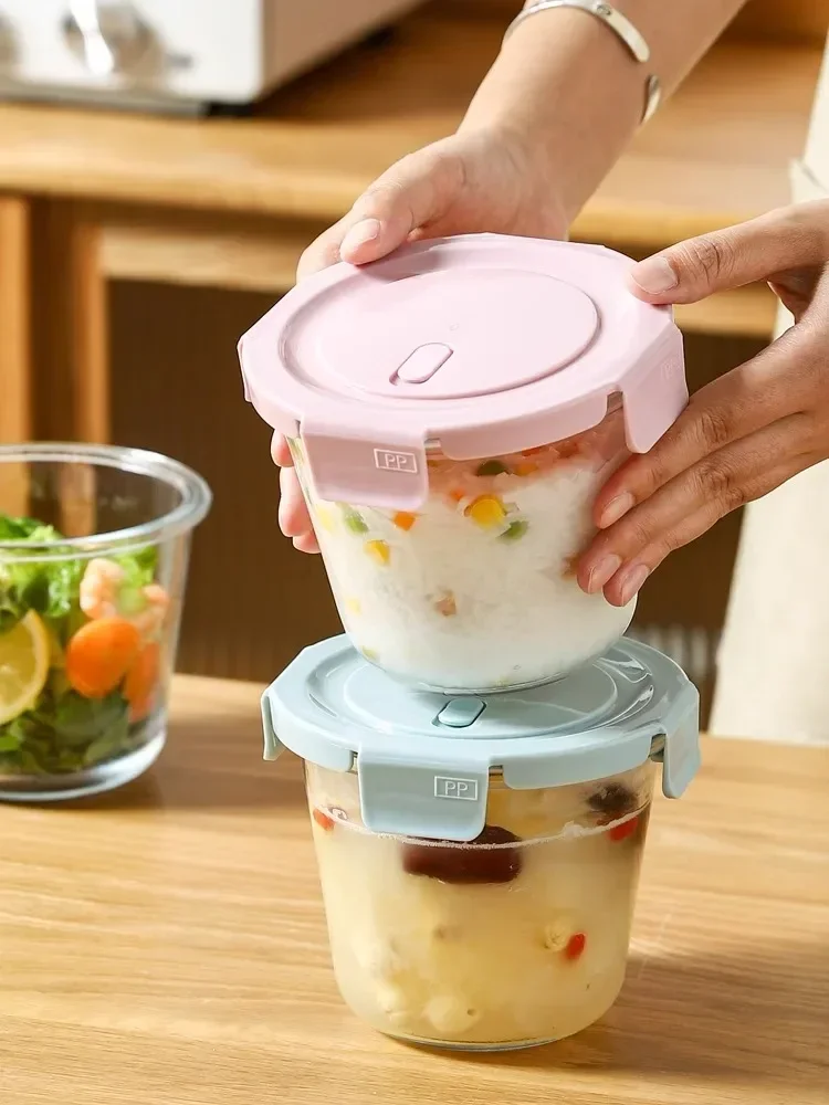 Glass Soup Bowl Lunch Box Microwave Heating Portable Soup Cup with Lid Fruit Bento Box Sealed Fresh Food Container High-capacity