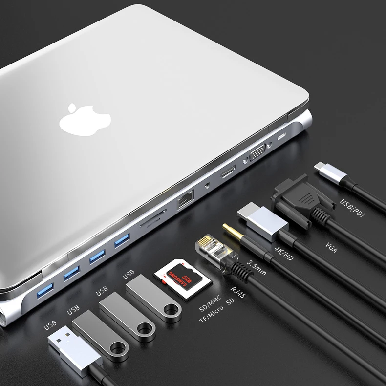 Type-C External 11-in-1 Docking Station with for 2.0 VGA PD USB 3.1 HD Audio SD/MicroSD Card Reader Ethernet USB Hub-Stock