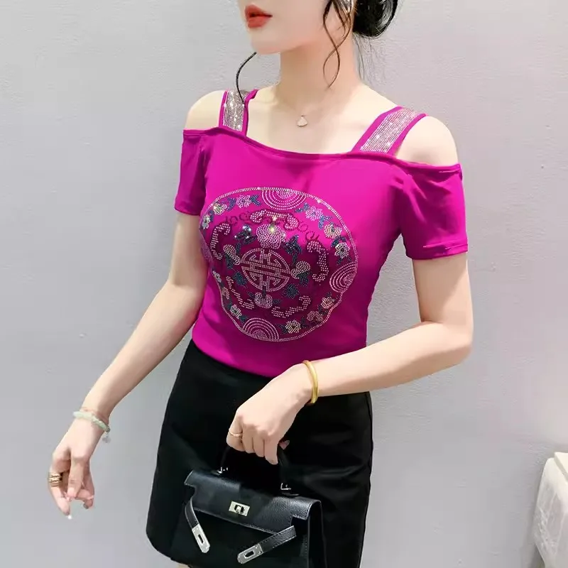 New European Clothes Summer Fashion Sexy Off Shoulder T-Shirt Design Shiny Diamonds Women’s Mesh Tops All Match Tees Blouse