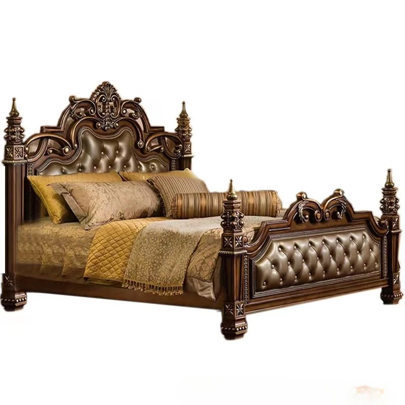 

American rural internet celebrity, classical solid wood carving, imported leather buckle king bed, French master bedroom