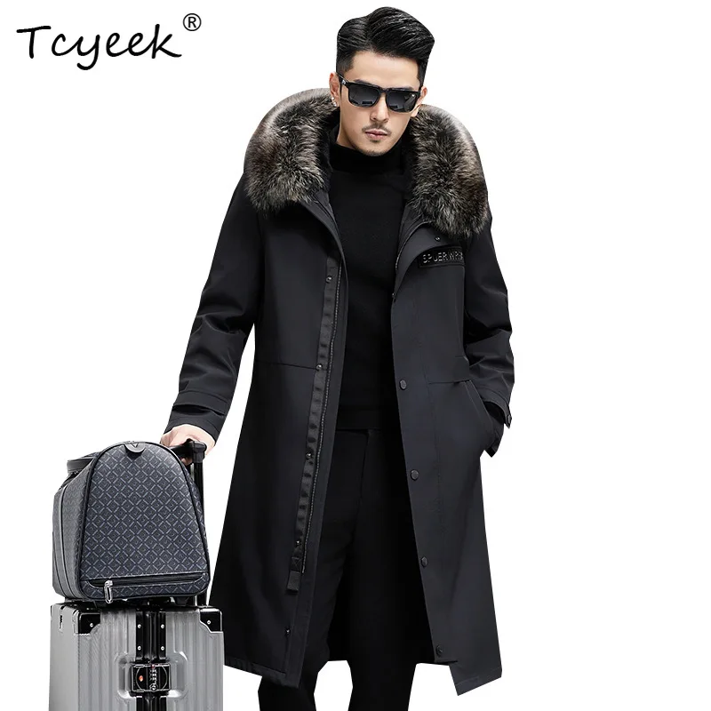 

Tcyeek Rabbit Hair Inner Liner Autumn Winter Trendy Big Raccoon Fur Collar Hooded Black Men's Parka Casaco Inverno Masculino
