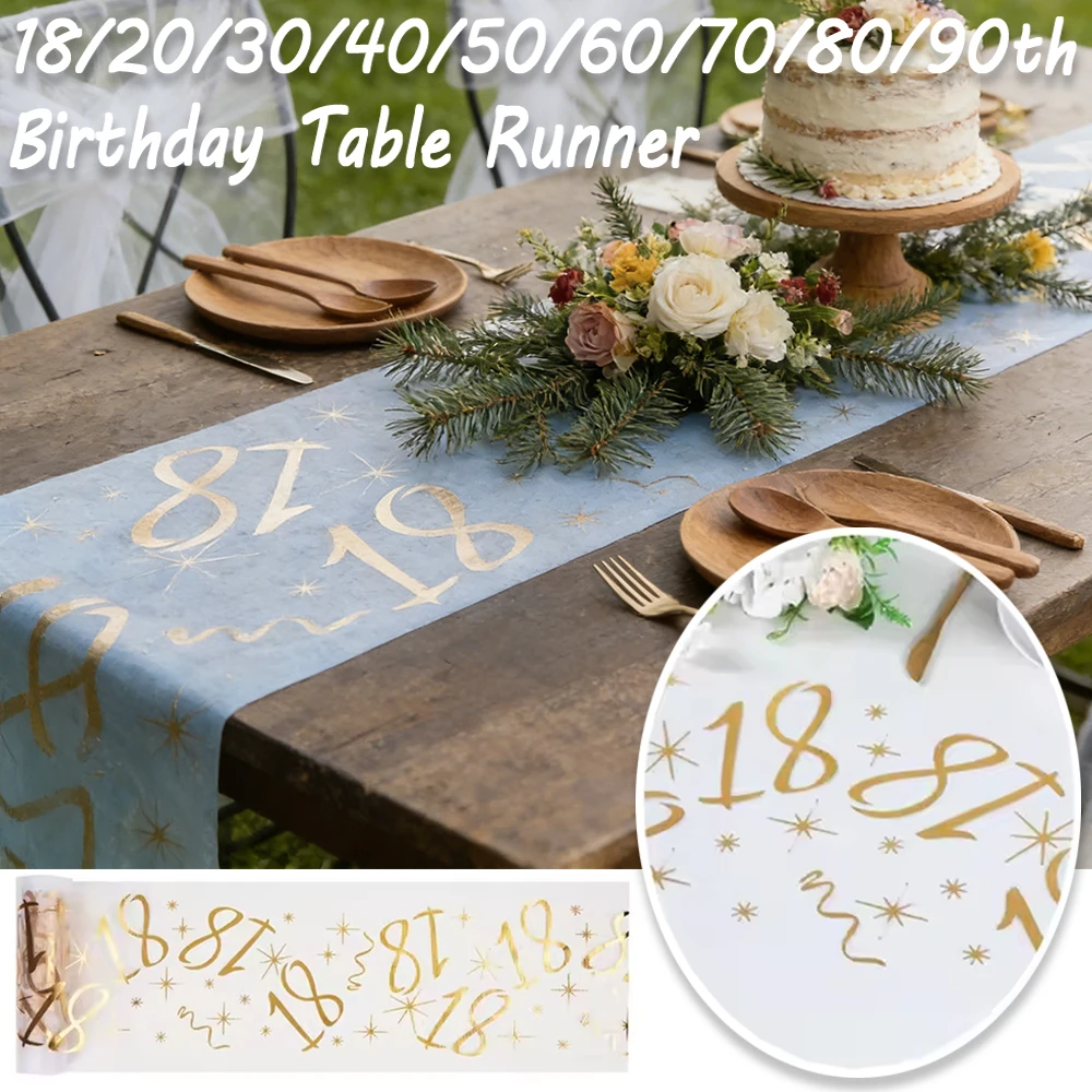 

18/20/30/40/50/60/70th Polyester Gold Table Runner Happy Birthday Party Decorations for Home Tablecloth Men Women Party Supplies