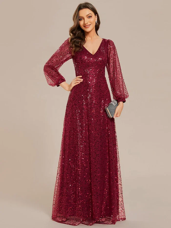 Elegant waisted chiffon Shimmering All Over V-Neck Long Lantern Sleeve Sequin A-Line Evening Dress