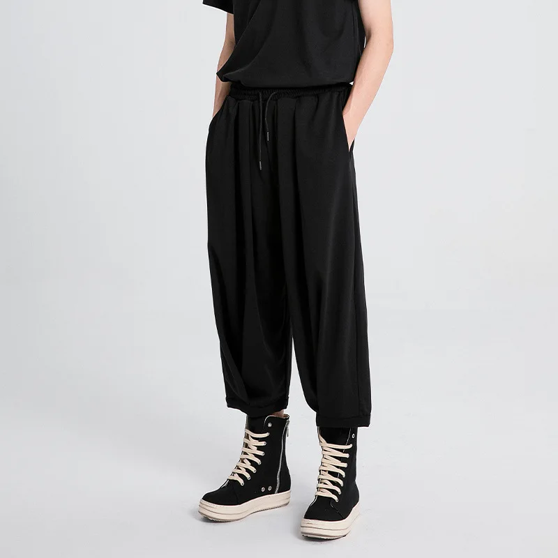 

Men's Casual Pants Simple Straight-Leg Drawstring Japanese Style Wide-Leg Plus Size Trendy Lace-Up Nine-Point Trousers Draped Ca