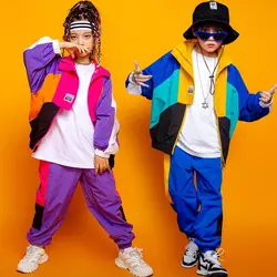 Boys Hip Hop Contrast Coat Girls Jazz Joggers Clothes Set Kids Street Dance Patchwork Jacket Sweatpants Child Costume Streetwear