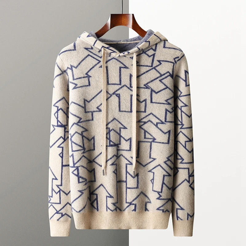 

Autumn Winter Simple Casual 100% Cashmere Sweatshirt Men Thickened Hooded Cashmere Sweater Loose Jacquard Sports Hoodie Sweater