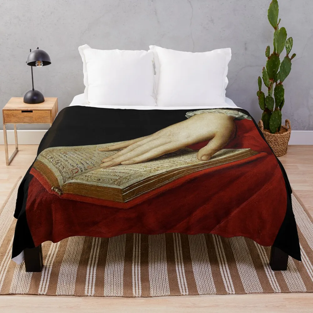 Renaissance old master cropped image, hand on book Throw Blanket Furry Luxury Designer blankets ands Soft Beds Blankets