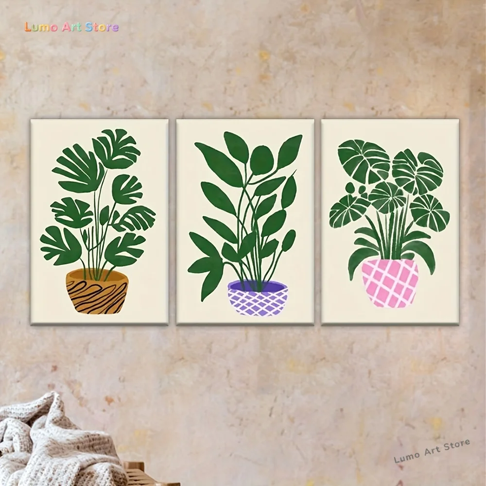 2D Flat,3pcs, Canvas Painting--Unframed, Three Potted Plants with Different Colors, Artist Drawing Set, Living Room, Office,