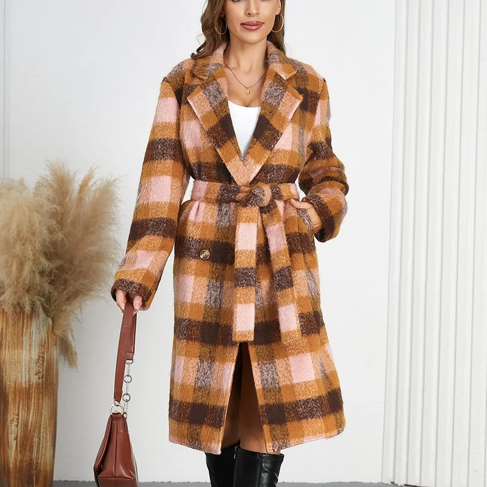 Dames herfst winter hoog getailleerde stropdas kleur geblokkeerd geruite lange jas elegante jas