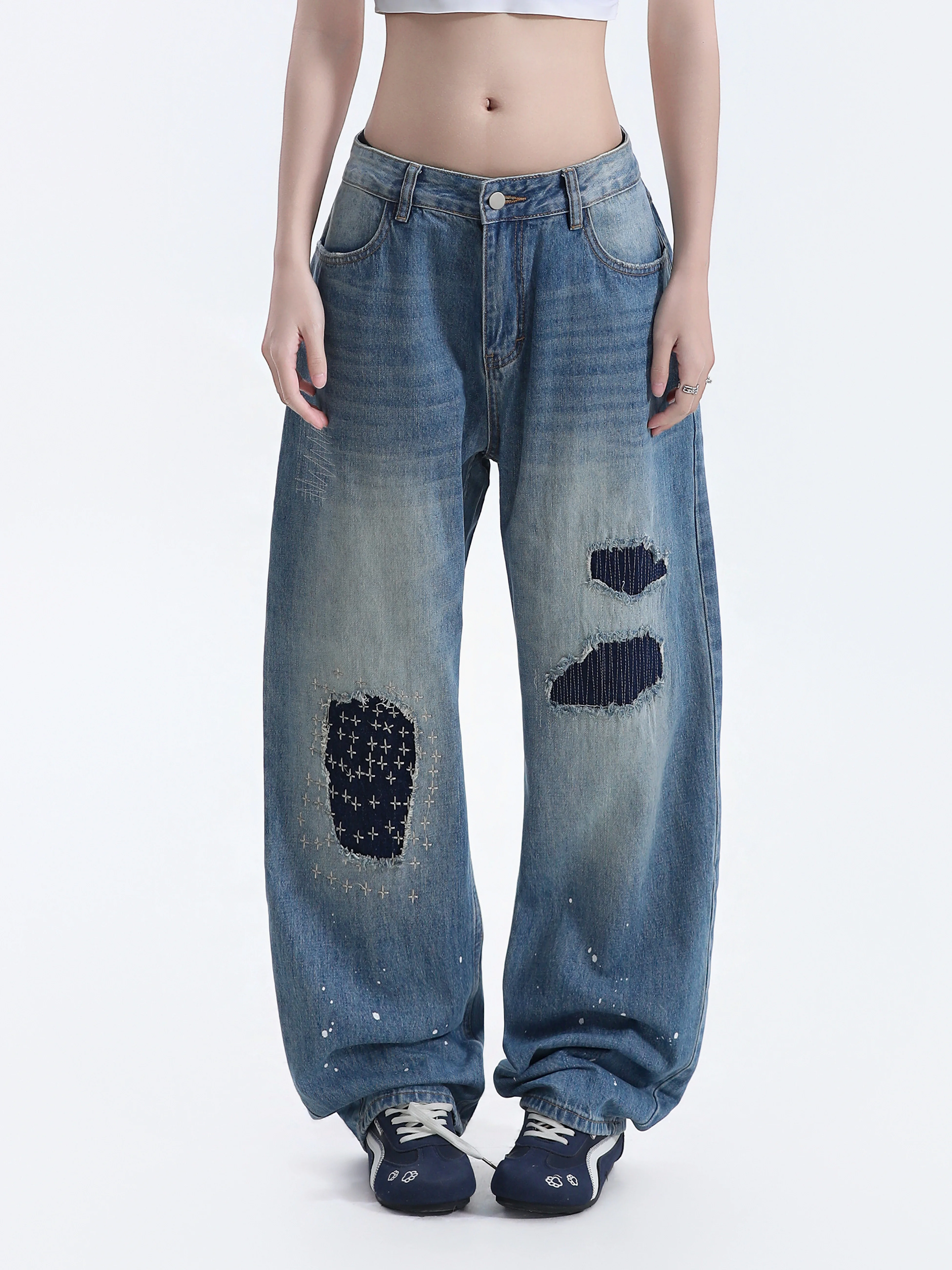 Retro American Washed Wide Leg Denim Jeans Small Ball Couple Drag Long Pants Casual High Waist Cotton Blend Non-Stretch