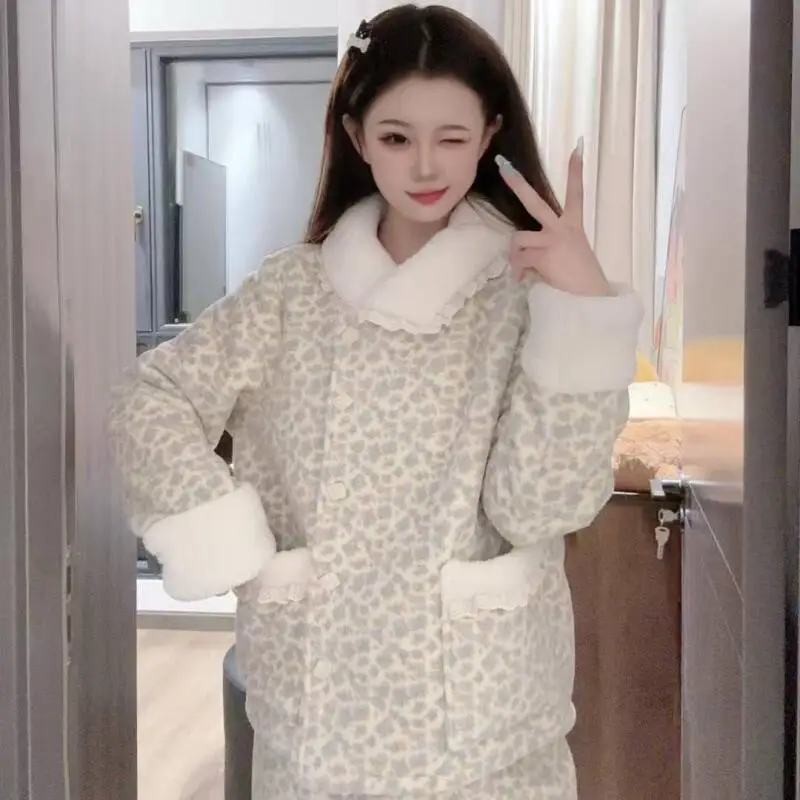 

Women's Clothing Pajama Set Homewear Long Sleeves Pants Two-Piece Set Autumn and Winter Thicken Comfortable Sweet Fashion