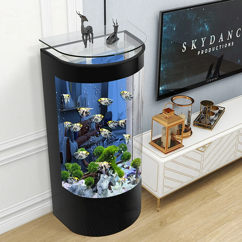 2023 New Fish Tank Living Room Small Water-Free Floor-Standing Household Semicircle Glass Ecological Goldfish next to TV Cabinet