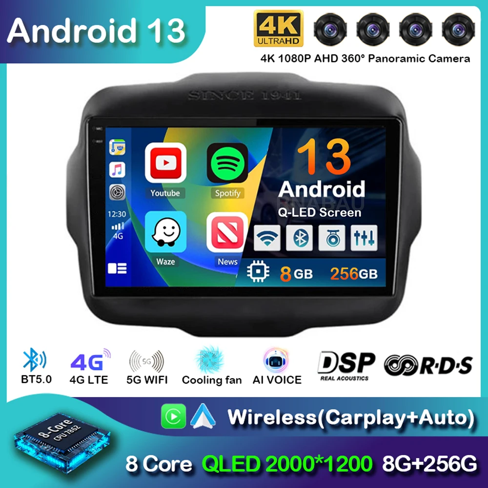 

Android 13 Carplay Auto Car Radio For Jeep Renegade 2016-2020 GPS Navigation Multimedia Video Player Autoradio Stereo WIFI+4G BT