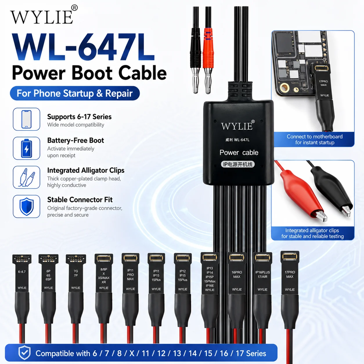 WEILI WL-647 Power On Test Cable for iPhone 6-17 Pro Max Current Testing Cord Battery Repair Boot Line Phone Tool Kit