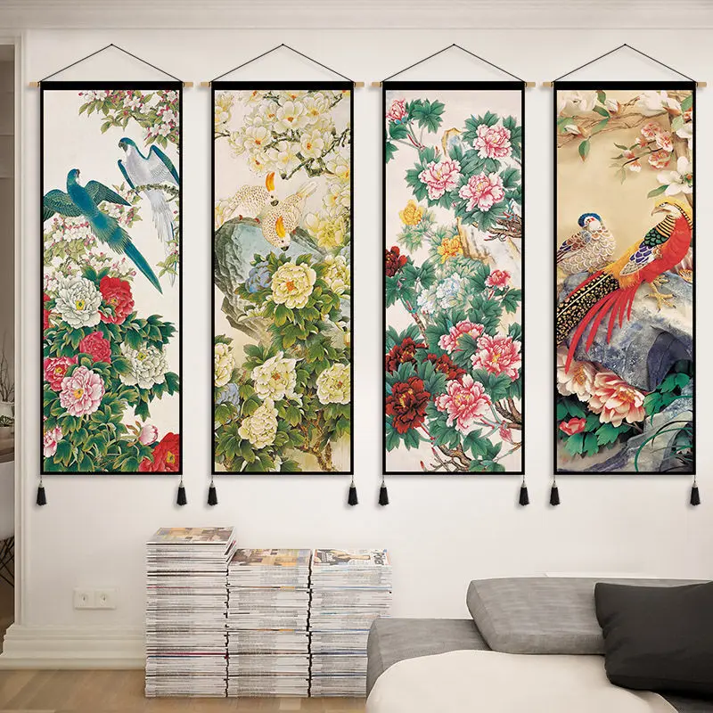 Chinese Peony Flower Bird Hanging Paintings with Wealth Wealth Implications Tapestry Living Tea Room Study Decoration Painting