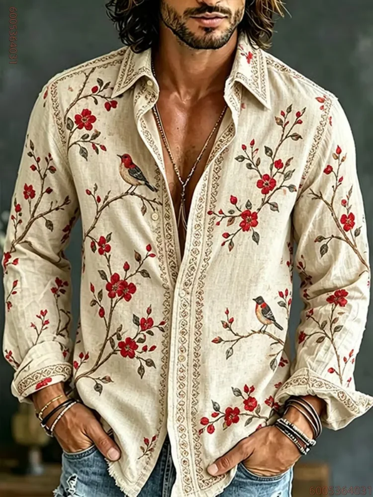 Men's long sleeved shirt with plum blossom mountain print shirt, versatile and comfortable top for daily travel on the streets