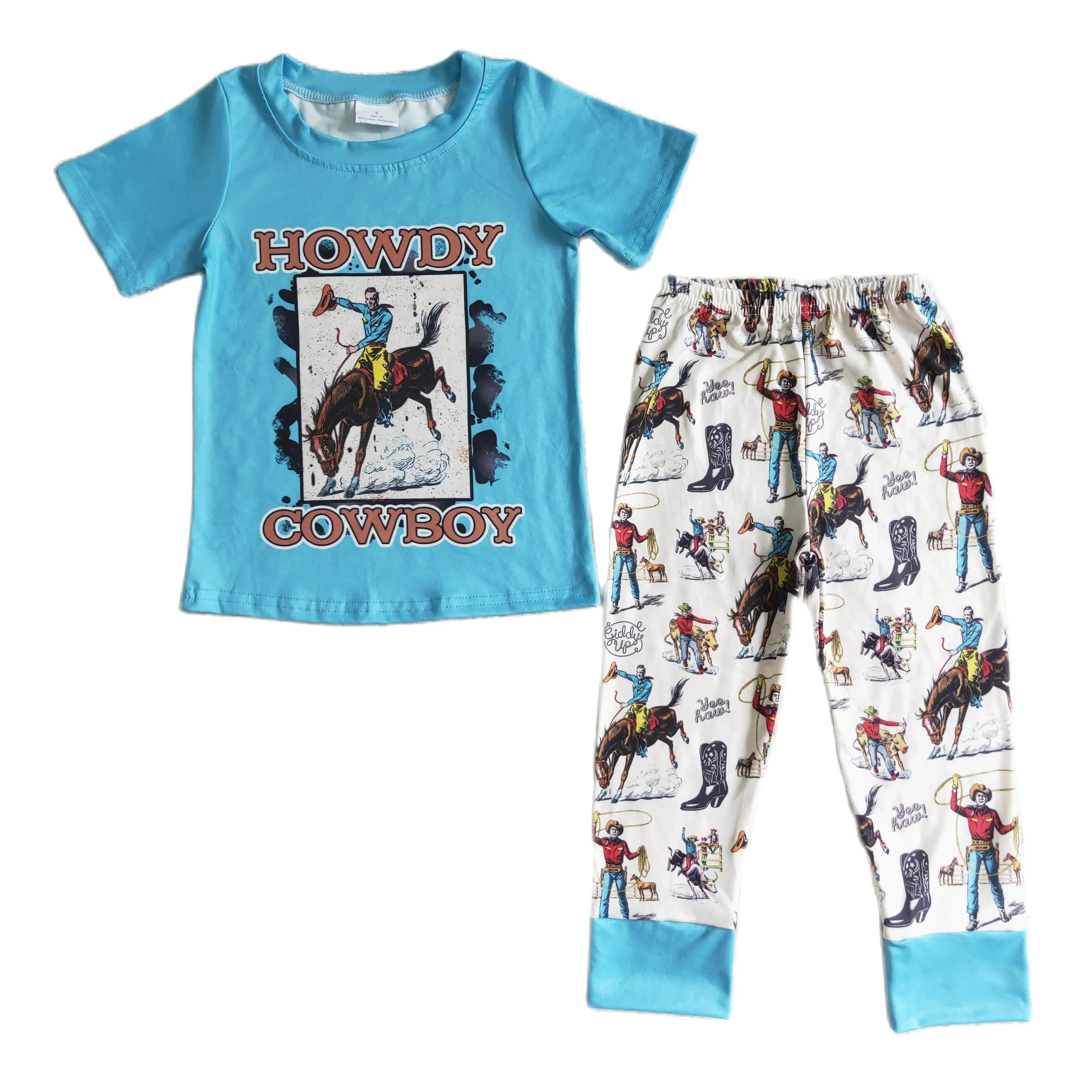 BSPO0004 Kids Boys Summer Outfit  Sets Short  Sleeves Top HOWDY Cowboy Riding Blue Print  With Trousers Children Clothes