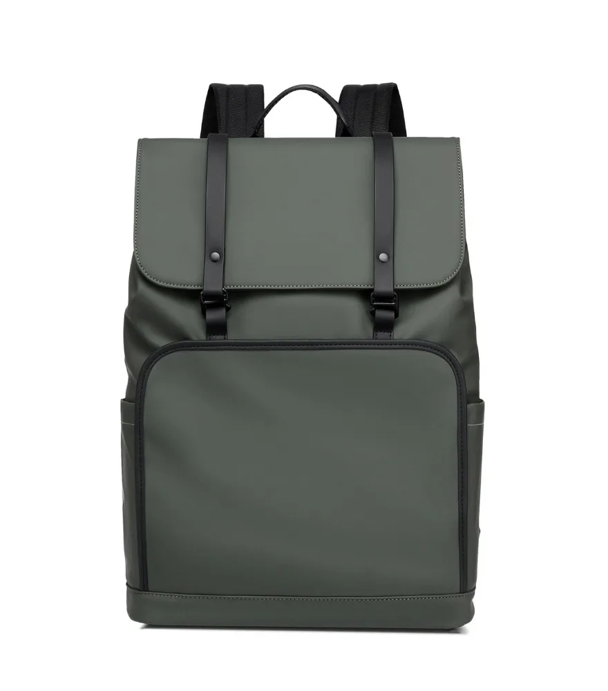 Dark green roll top backpack with black strap details matte water resistant surface single large front pocket suitable