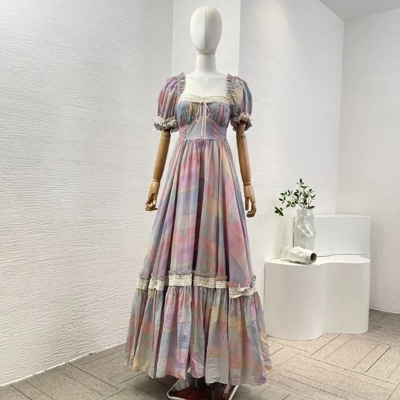 Apricot Green Multicolor Lace Patchwork Square Collar Pleat Backless Short Sleeve Ruffles Maxi Dress New High Quality