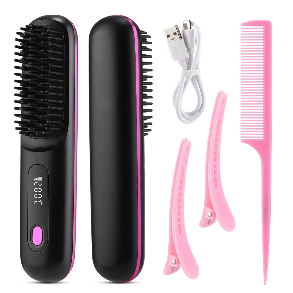 

Wireless Straightener Comb USB Rechargeable LED Display Negative Ions Hot Brush Electric Fluffy Hair Styling Detangling Comb