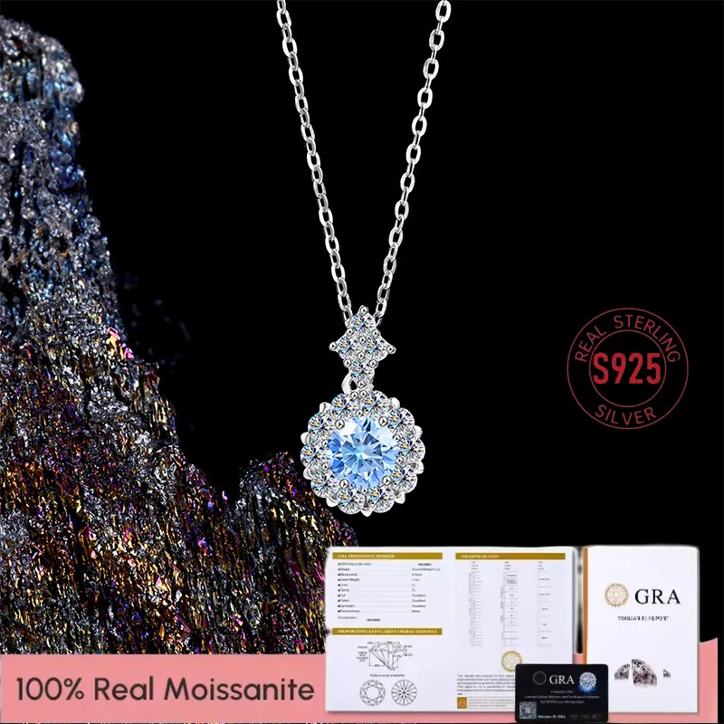 

Fashion Trendy Real 925 Silver Luxury 0.5ct Blue Moissanite Sun Flower Necklace For Charm Women Accessories Party Jewelry Gift