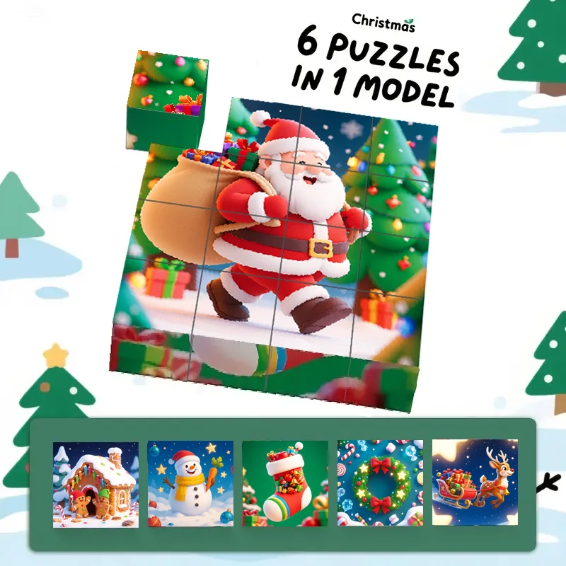 16pcs Magnetic Building Blocks Cube Puzzle Christmas Santa Claus Children Toy Create 6 Picture Education Sensory Gift for Kids