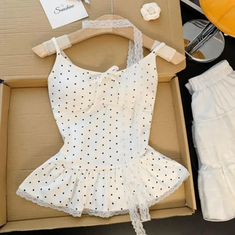 Women Clothing Summer Fashion Casual Polka Dot Solid Color Sling Ladies Fashionable Appear Thin Slim Young Style Tops