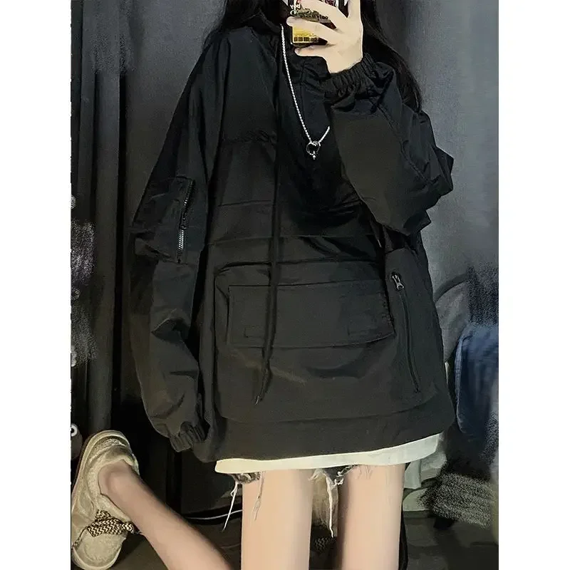 

Vintage Black Anorak Jacket Women Windbreaker Oversize Y2k Streetwear Harajuku Techwear Hooded Sweatshirts Couple Tops