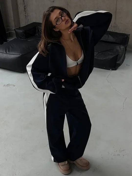 Faionable Long Sve Color Blo Sportswear Pants Set Casual Striped Women's Suit Autumn Winter High Waist Long Pants